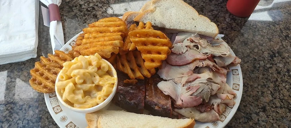 Pulled Pork and Rib Plate with Mac and Cheese and Spicy Fries